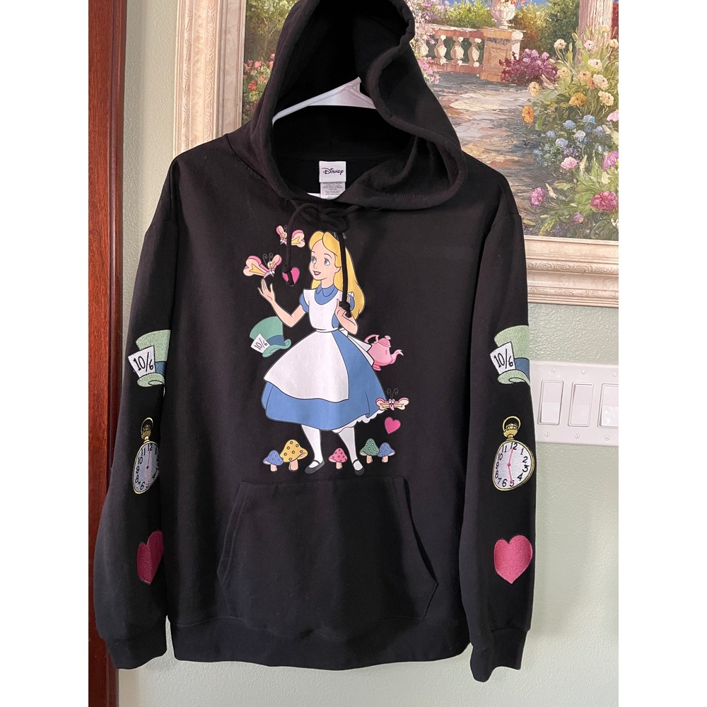 Disney Alice in Wonderland Black Hoodie Embroidered  Patch Juniors L 11/13 New